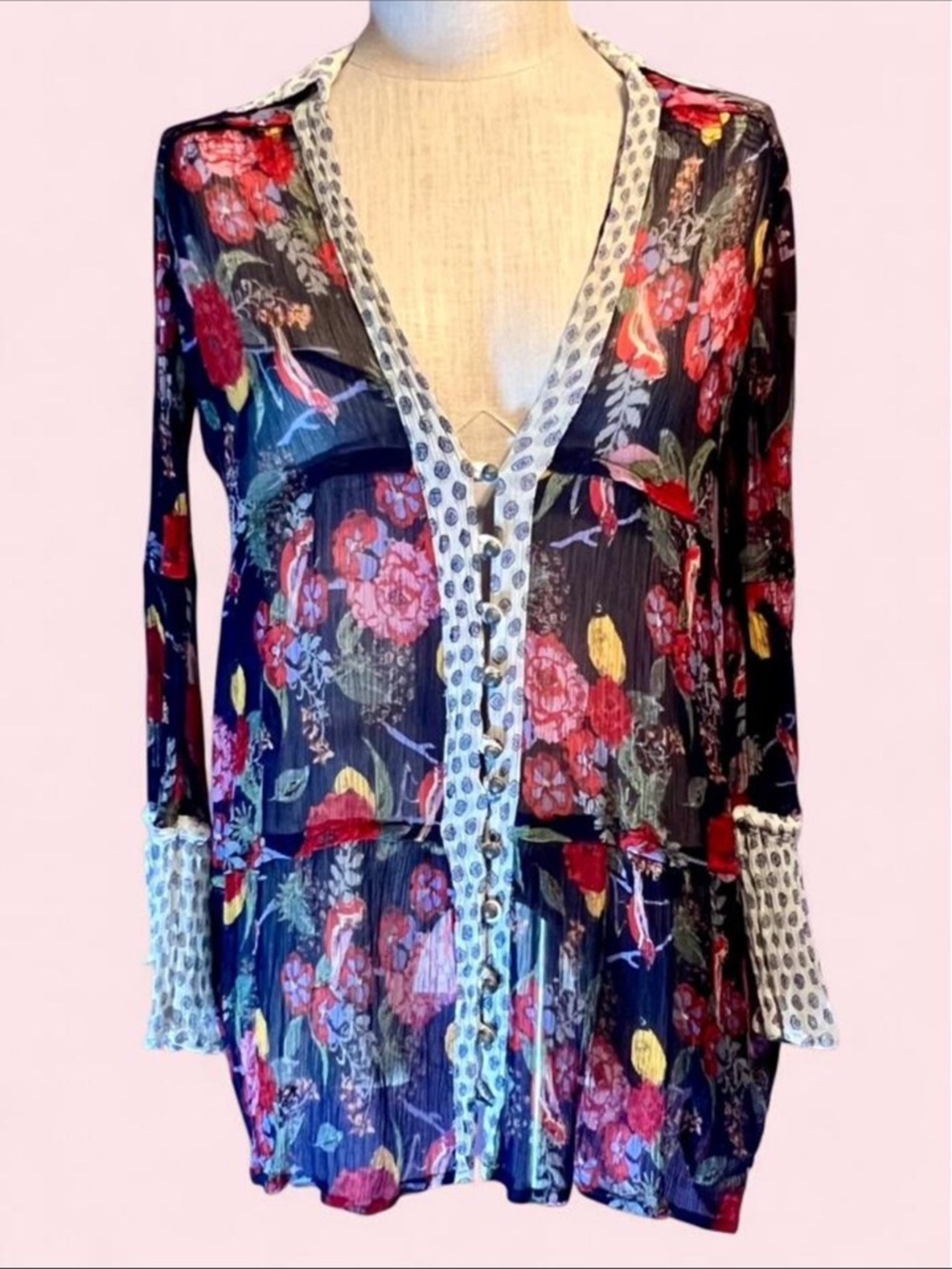❤️Free People Multicolor Floral Sheer Boho Top w Long Bell Sleeves